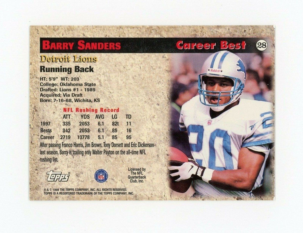 BARRY SANDERS 1998 Topps Quick Six Career Best #28 Detroit