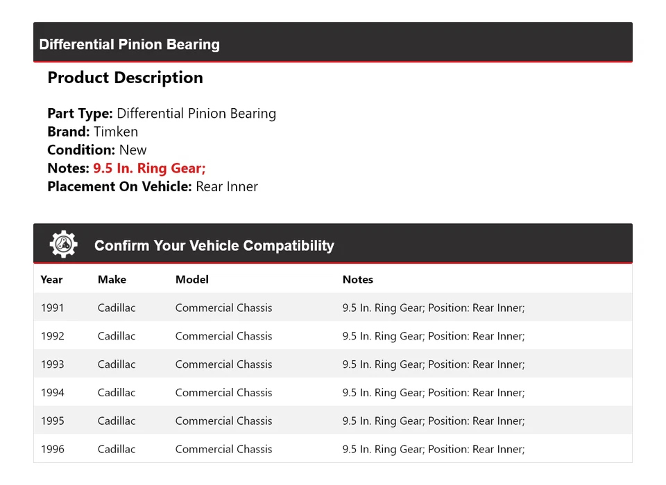 Cojinete de piñón diferencial para chasis comercial Cadillac 1991-1996 Timken Foto 2 de 4