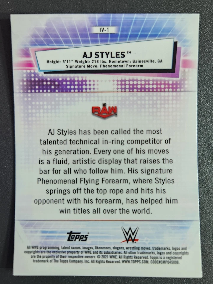 2021 Topps Chrome WWE RAW #IV-1 AJ STYLES IMAGE VARIATION REFRACTOR - Image 2 of 2