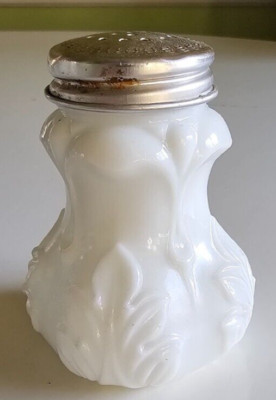 EAPG Victorian Glass Salt Pepper Shaker Opaque White Corner Based Leaf