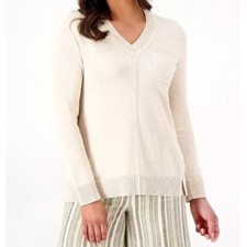 Isaac Mizrahi Live V Neck Sweater with Chest Pocket Women 2X Heather Oatmeal NEW