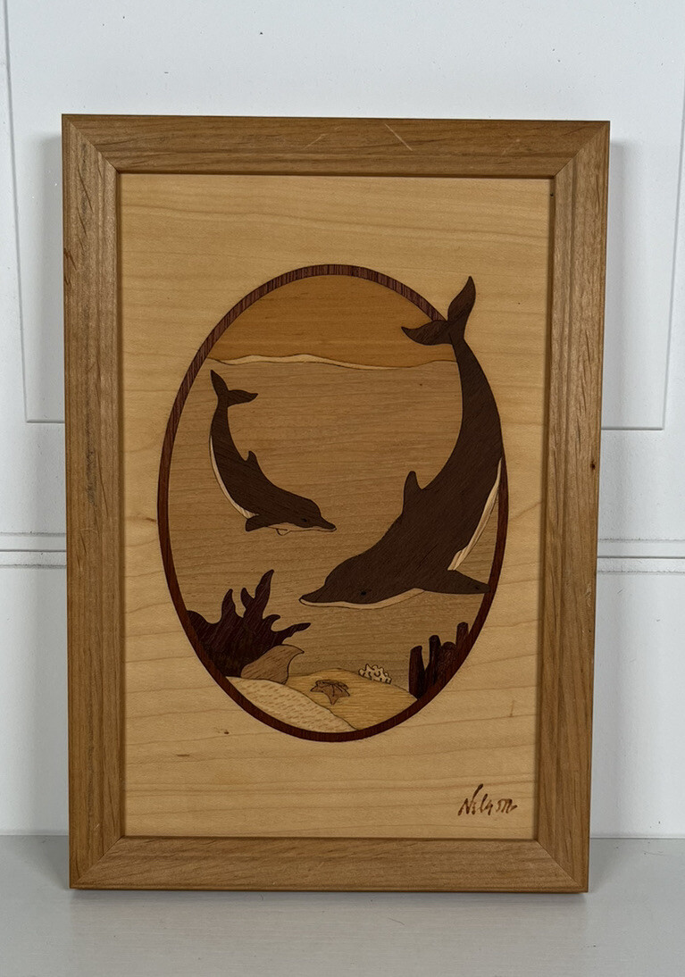 Hudson River Inlay Marquetry Dolphins Playground Wood Signed