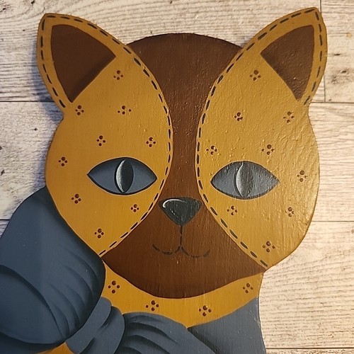 Hand Painted Wood Cat Cutout Doorstop Home Decor 14" Tall Blue Tan Signed Vtg - Picture 2 of 7