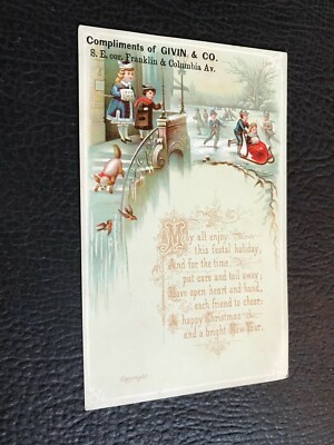 1800's Givin & Co Boy Girl & Dog Watch Skaters & Sledding Victorian Trade Card 