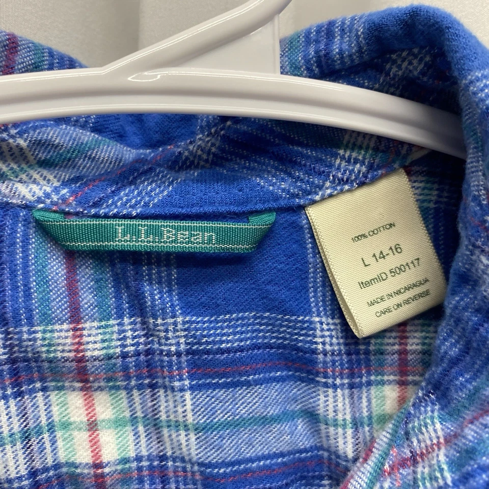 L.L. Bean девочек фланелевая рубашка размер большой 14-16 синий клетку длинным рукавом - Изображение 3 из 4