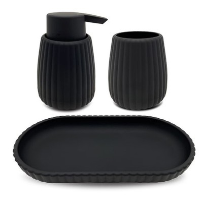 Rubberized Plastic Ribbed 4-Piece Bath Accessories Set, Black