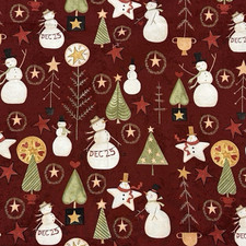 Christmas Country Snowmen Fabric Maroon Green Cotton Riley Blake Kringle 1 Yards