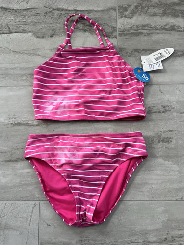 NWT GIRL'S - SIZE L 10/12 - WAVE ZONE 2 PC. SWIM SUIT - PINK & WHITE STRIPES