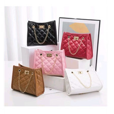 Quilted Chain Shoulder Bag Turn Lock Gold Strap Black Red Pink Brown White