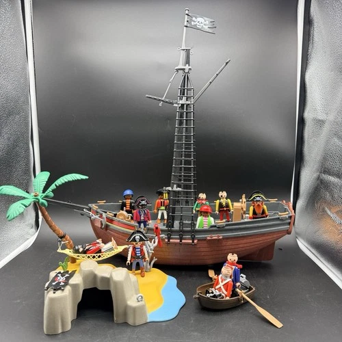 Vintage Playmobil 3174 Red Corsair Pirate Ship & 4139 Treasure Island Incomplete