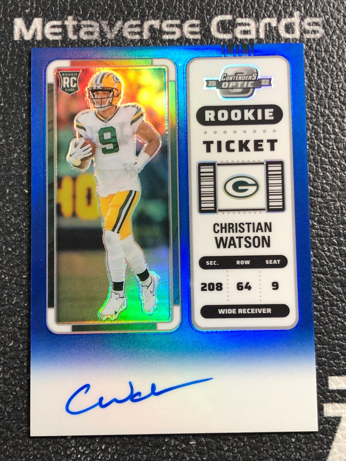 2022 Contenders Optic Rookie Autograph Blue Prizm #110 RC Christian Watson 48/75