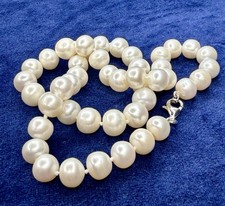 Genuine 9-10mm Freshwater Cultured Pearl Necklace 18" Silver Clasp Hand Knotted