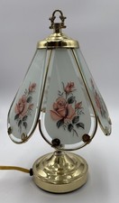 Vtg Gold Tone Pink Roses 11 Glass Touch Table Lamp Frosted Panels Works
