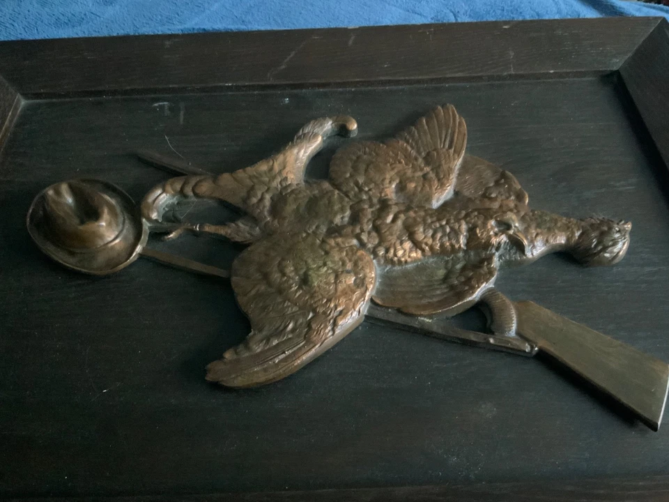 schönes Kupfer Relief Wandbild Jagd Jagdmotiv Gewehr Auerhahn auf Holzrahmen - Bild 4 von 4