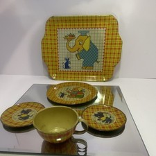 J. Chein & Co Vintage Tin Toy Kitchen Set Elephant Mouse Tray Plates Cup Plaid