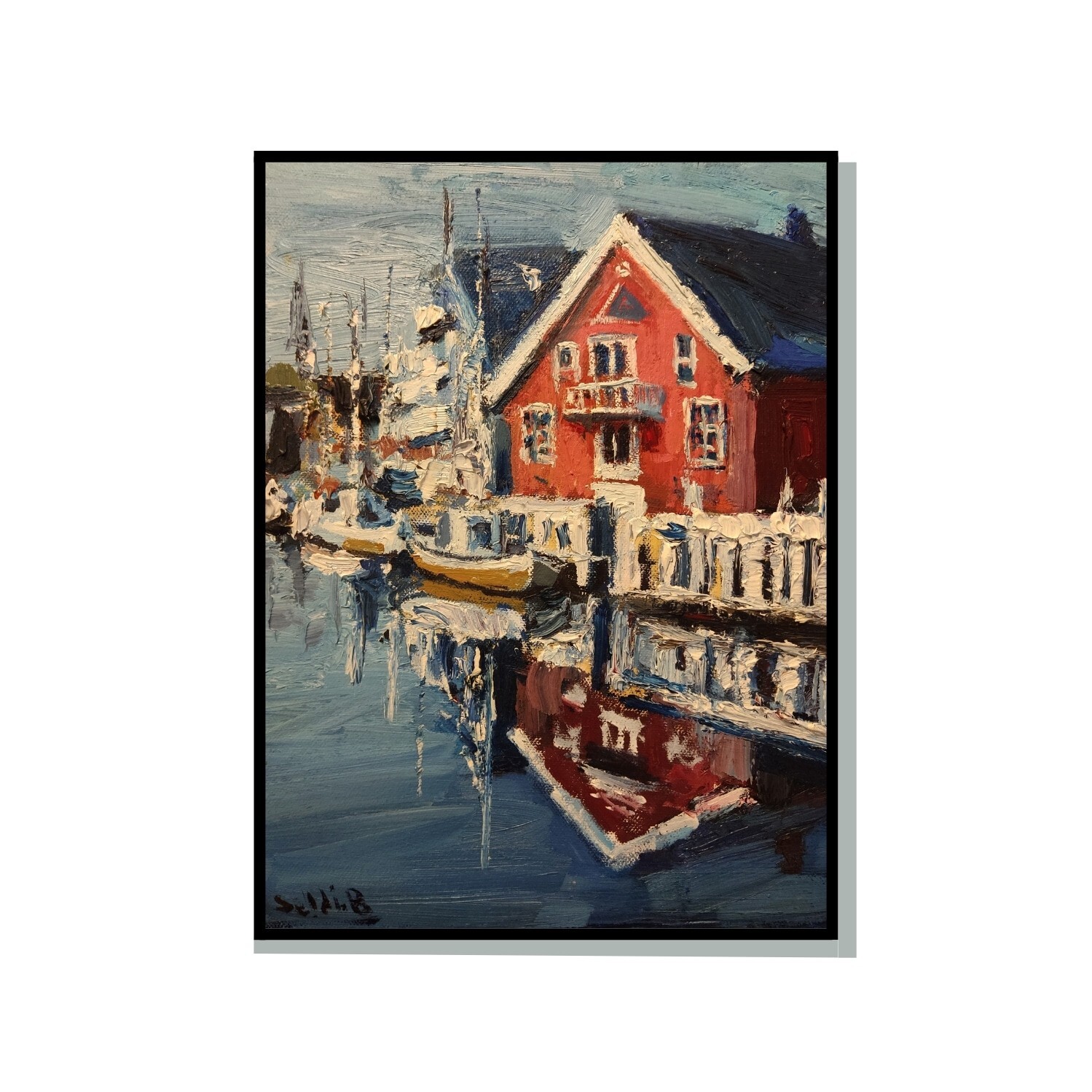 Pintura original paisaje marino, pintura al óleo original, barcos en un río, obra de arte