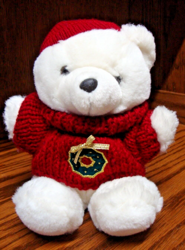 White CHRISTMAS Plush Teddy Bear 9" Stuffed Animal~Red Sweater w/Wreath/Cap  866 - Picture 1 of 6