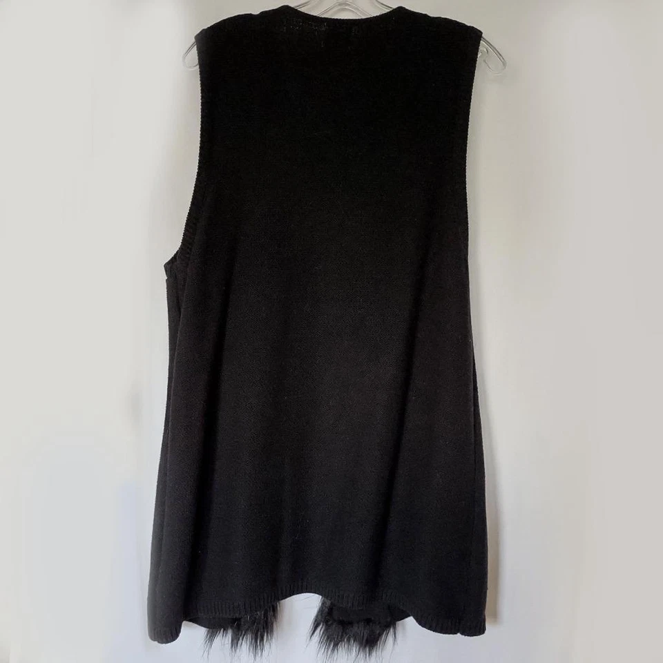 Ruby Rd Womens Black Long Sweater Knit Vest w/ Faux Fur Trim Large EUC 70s Glam - Image 2 of 4