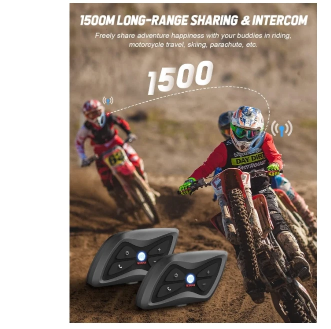 Auriculares Intercomunicador Comunicación Motocicletas para 2 Pilotos hasta 1500m Noise Canc Foto 2 de 4