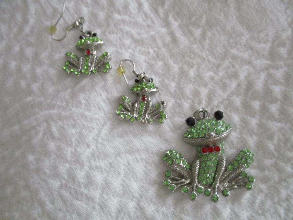 Ohrringe und Frosch-Anhänger - silberfarben mit Steine