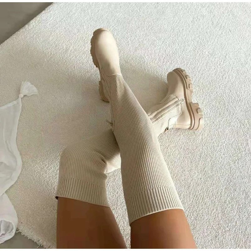 Botas hasta el muslo con suela gruesa para mujer, calcetín de punto transpirable