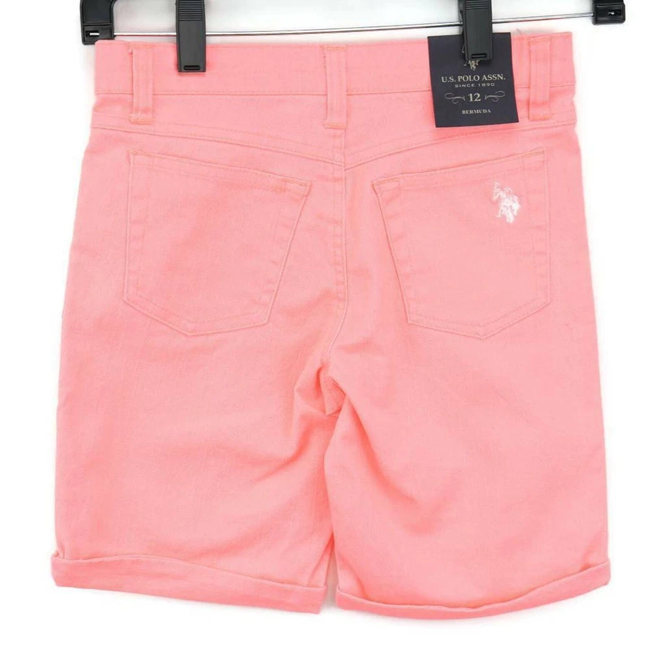 US Polo Assn. Bermudas Pantalones Cortos Niñas Rosa Coral Elastizados Denim Bolsillos Cremallera 12 Nuevos Foto 4 de 4