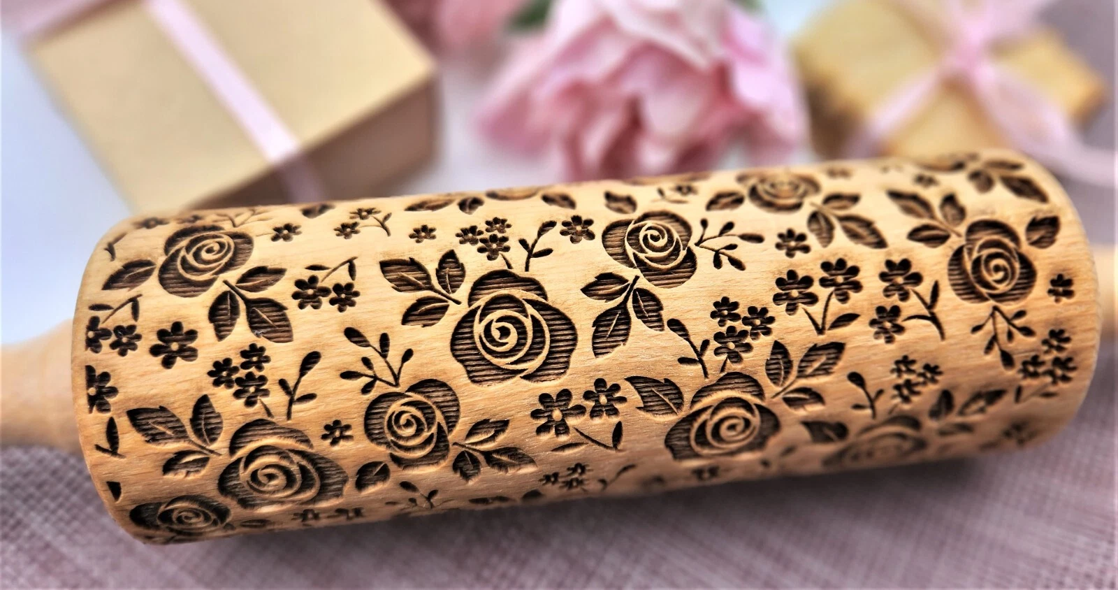 Rose Clay Textured Embossed Rolling pin Springerle cookie mold Dough roller