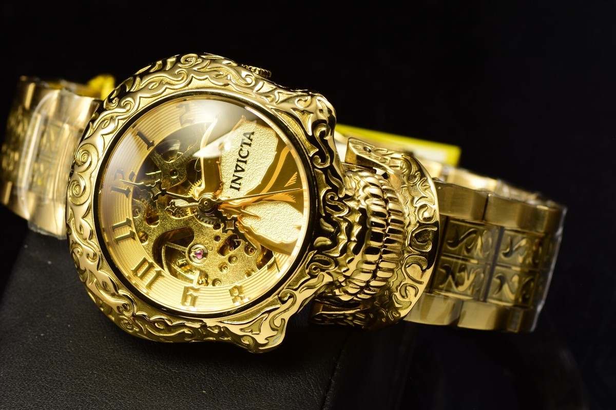 Rare Invicta Artist Skull Automatic Skeletonized Ladies Gold