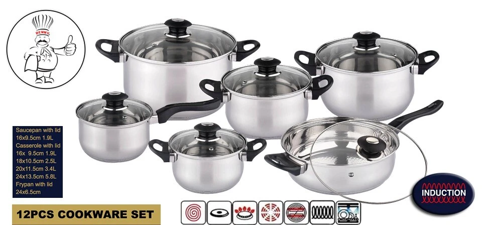 12PC DELUXE QUALITY CASSEROLE SAUCEPAN S/S STOCK POT FRY PAN INDUCTION COOKWARE