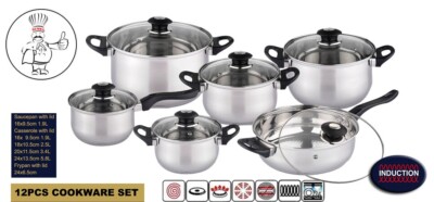 12 STÜCK DELUXE QUALITÄT KASSEROLLE KOCHTOPF S/S SUPPENTOPF BRATPFANNE INDUKTION KOCHGESCHIRR