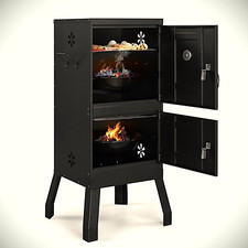 Parrilla de barbacoa vertical de carbón para exteriores con puertas dobles, termómetro, negra