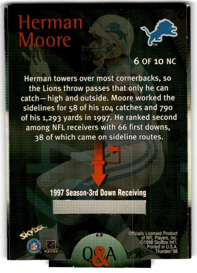 1998 SkyBox Thunder Number Crushers Herman Moore #6NC Detroit Lions - Image 2 of 2
