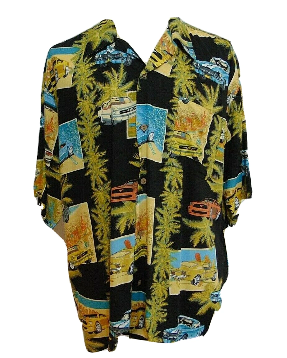 Island Collection Hawaiian Shirt Mens XL Vintage Rayon Button Up Auto Cars Black
