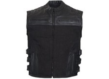 Motorcycle Leather Mens Black Leather and Denim Vest Concealed Carry Pockets