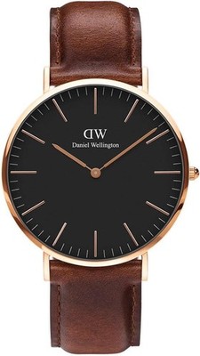 DANIEL WELLINGTON Classic Quartz Analog Men Black-Dial Brown-Band Wristwa[R62B1]