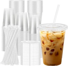 100 Pack 16 Oz Clear Plastic Cups with Lids and Straws, Disposable Plastic Coffe
