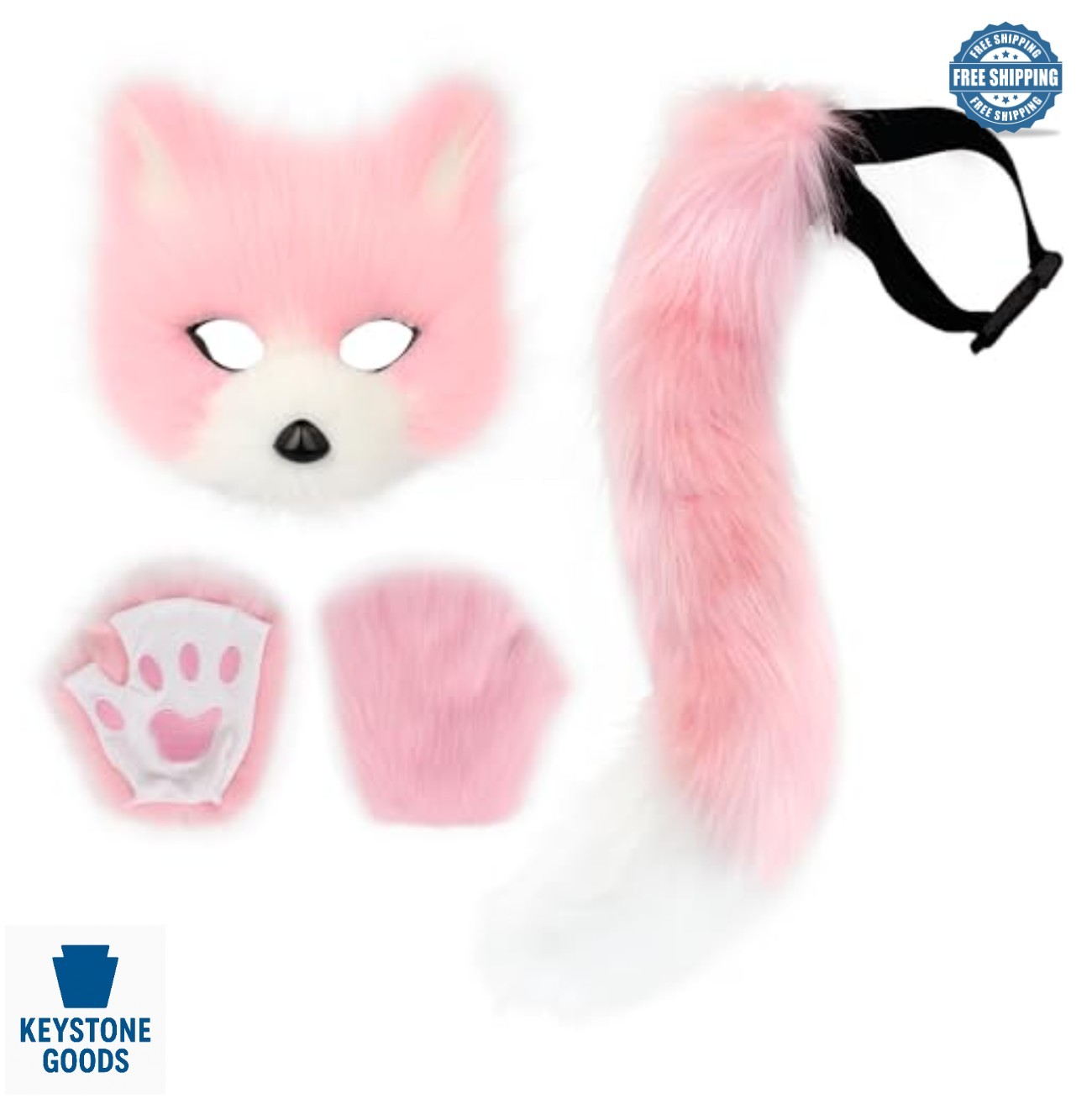 Furry Fox Mask Tail and Paw Gloves Set Adult Cosplay Halloween Party Costume