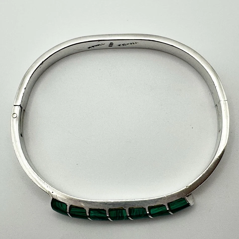 Brazalete con bisagra vintage de malaquita de plata esterlina 925 México Taxco TC-111 Foto 4 de 4