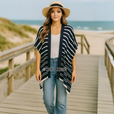 Loft Maritime Stripe Kimono Top Nautical Navy White Open Front Size XS/S