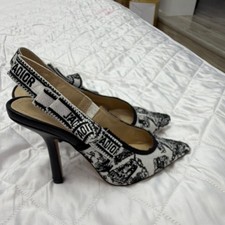 Dior Women's Slingback Heels Pointed Toe Stiletto Black/White Logo Bow 4