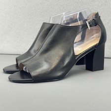 Adrienne Vittadini Black Leather Peep Toe Block Heel Slingback Sandals 8.5M