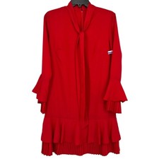 Tahari ASL Ruffle Pleat Detail Tie Neck Bell Sleeve Dress Red Size 2 NWOT