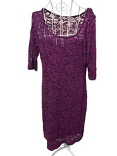Peacocks Purple Sequin Lace Dress UK 18 – Long Sleeve Lined Occasionwear