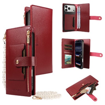 Pearl Strap Crossbody Wallet Case für iPhone 17 16 15 14 Pro Max Reißverschluss Leder