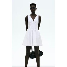 H&M Divided White Cotton Eyelet Babydoll Mini Dress XXL V-Neck Sleeveless New