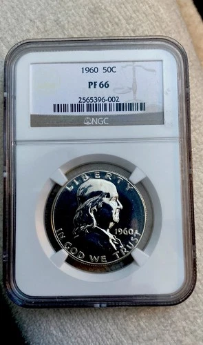 1960 P FRANKLIN SILVER HALF DOLLAR, NGC PF66, 90% SILVER, FULL BELL TYPE.