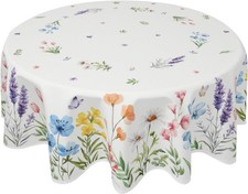 Spring Floral Tablecloth Round 70 Inch Green Pink Blue Yellow White Flower Le...