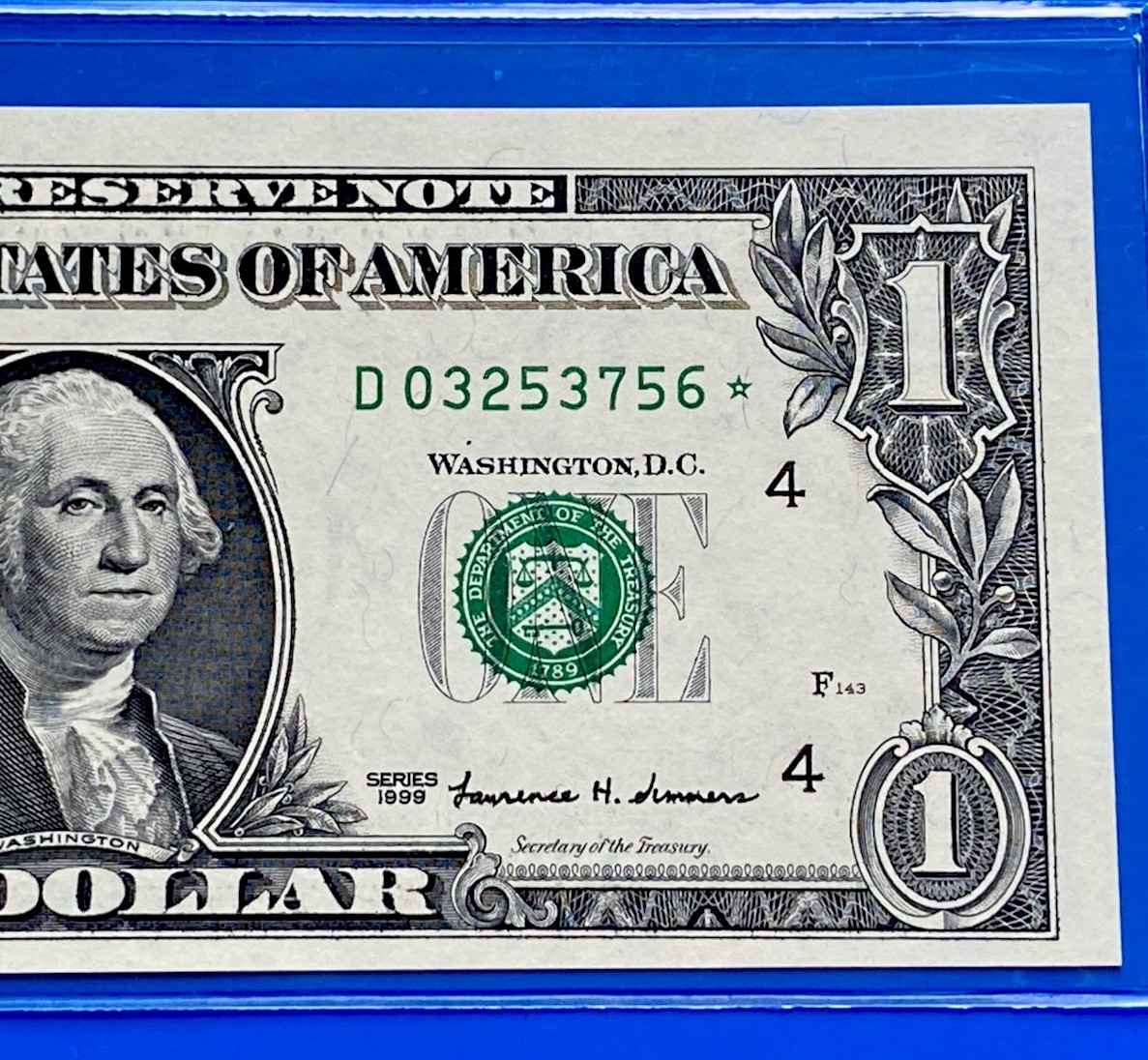 1999 STAR NOTE $1 DOLLAR BILL ( CLEVELAND D ) SCARCE - UNCIRCULATED