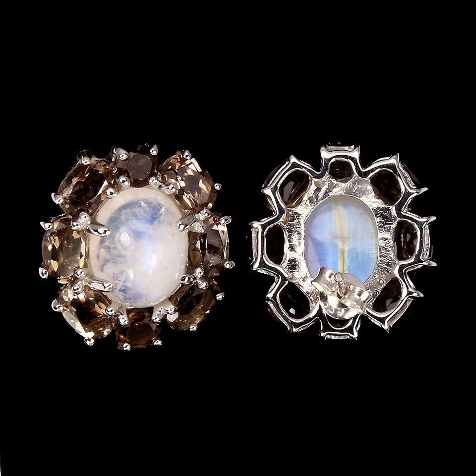 Pendientes de plata de ley 925 ovalados piedra lunar cuarzo ahumado piedras preciosas joyería Foto 3 de 4