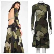 Farm Rio Military Green Cashew Print Open Back Midi Long Sleeve Dress sz 4 Small